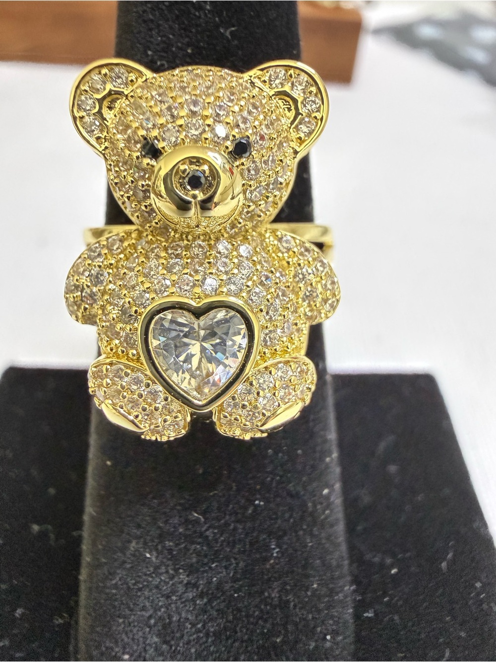 Gold Teddy Bear Crystal Heart Ring - Women Jewelry Size 9/8
